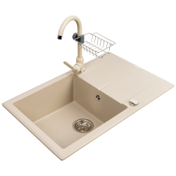 Zlewozmywak Keros (76x48) 1B 1D beż piaskowy + bateria Lungo + półeczka do baterii