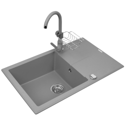 Zlewozmywak Keros (76x48) 1B 1D szary - beton + bateria Lungo + półeczka do baterii