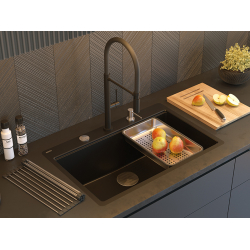 QUADRON | MARC 110 FM PRODUKT NA ZAMÓWIENIE | granitowy zlewozmywak kuchenny CZARNY mat + MIEDŹ PVD | wymiary: 75 x 49 x 24 cm | akcesoria: syfon, doz