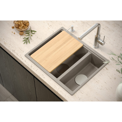 QUADRON | LOGAN 150 | granitowy zlewozmywak kuchenny SOFT TAUPE + MIEDŹ PVD | wymiary: 55,5 x 46 x 22 cm | 1,5-komorowy podwieszany | podbudowa szafki