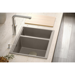 QUADRON | LOGAN 150 | granitowy zlewozmywak kuchenny SOFT TAUPE + MIEDŹ PVD | wymiary: 55,5 x 46 x 22 cm | 1,5-komorowy podwieszany | podbudowa szafki