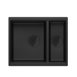 QUADRON | LOGAN 150 | granitowy zlewozmywak kuchenny CZARNY mat + CZARNY MAT | wymiary: 55,5 x 46 x 22 cm | 1,5-komorowy wpuszczany | podbudowa szafki