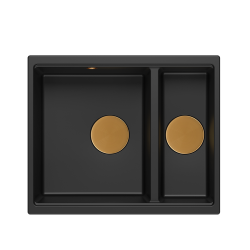 QUADRON | LOGAN 150 | granitowy zlewozmywak kuchenny CZARNY mat + MIEDŹ PVD | wymiary: 55,5 x 46 x 22 cm | 1,5-komorowy wpuszczany | podbudowa szafki