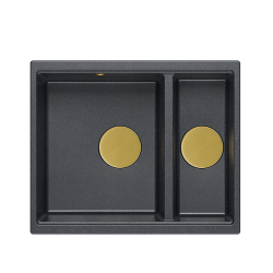 QUADRON | LOGAN 150 | granitowy zlewozmywak kuchenny CZARNY + ZŁOTO PVD | wymiary: 55,5 x 46 x 22 cm | 1,5-komorowy wpuszczany | podbudowa szafki od:
