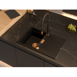 OWEN 111 GraniteQ zlewozmywak z syfonem Push 2 Open 1-komorowy z/o (760x500x215; kom. 330x430) silver stone / elementy złote