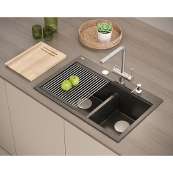 MARC 120 WORKSTATION GraniteQ zlewozmywak 2-komorowy 760*500*235 mm snow white + syfon push to open + dozownik + deska + wkładka / elementy miedziane
