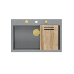 Zlewozmywak granitowy MARC 1-komorowy 76x50 cm szary/silver stone + Nano ZŁOTO PVD