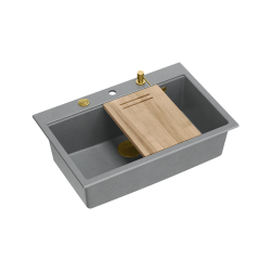 Zlewozmywak granitowy MARC 1-komorowy 76x50 cm szary/silver stone + Nano ZŁOTO PVD