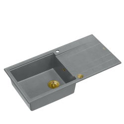EVAN 146 XL GraniteQ zlewozmywak z syfonem Push 2 Open 1-komorowy z/o (1000x500x210; kom. 420x480) silver stone / elementy złote