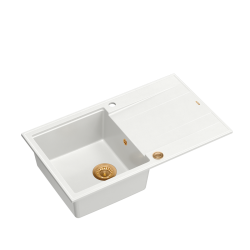 EVAN 111 GraniteQ zlewozmywak z syfonem Push 2 Open 1-komorowy z/o (860x500x210) snow white / elementy miedziane