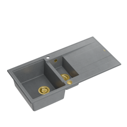 QUADRON EVAN 156 GraniteQ zlewozmywak z syfonem Push To Open 1,5-komorowy z/o (1000x500x210; kom. 420x480) silver stone / elementy złote
