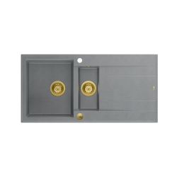 QUADRON EVAN 156 GraniteQ zlewozmywak z syfonem Push To Open 1,5-komorowy z/o (1000x500x210; kom. 420x480) silver stone / elementy złote