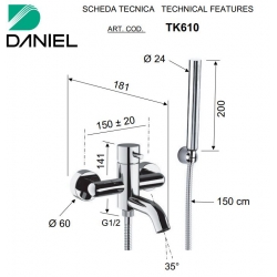 Bateria wannowa ścienna Tokyo Chrom Daniel Rubinetterie TX610CR