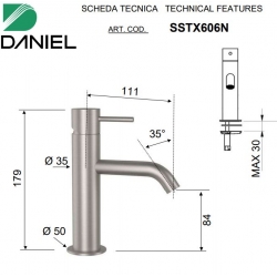 Bateria umywalkowa stojąca (bez korka) TOKYO STEEL Inox Daniel Rubinetterie SSTX606