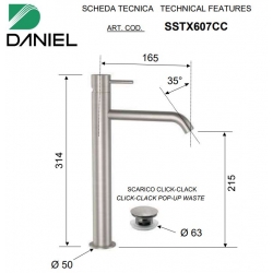 Bateria umywalkowa Korek Click Clack TOKYO STEEL  Inox Daniel Rubinetterie SSTX607CC