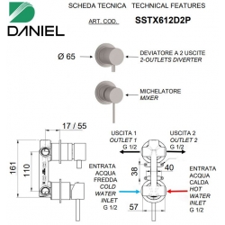 Bateria podtynkowa 2-drożna TOKYO STEEL Inox Daniel Rubinetterie SSTX612D2